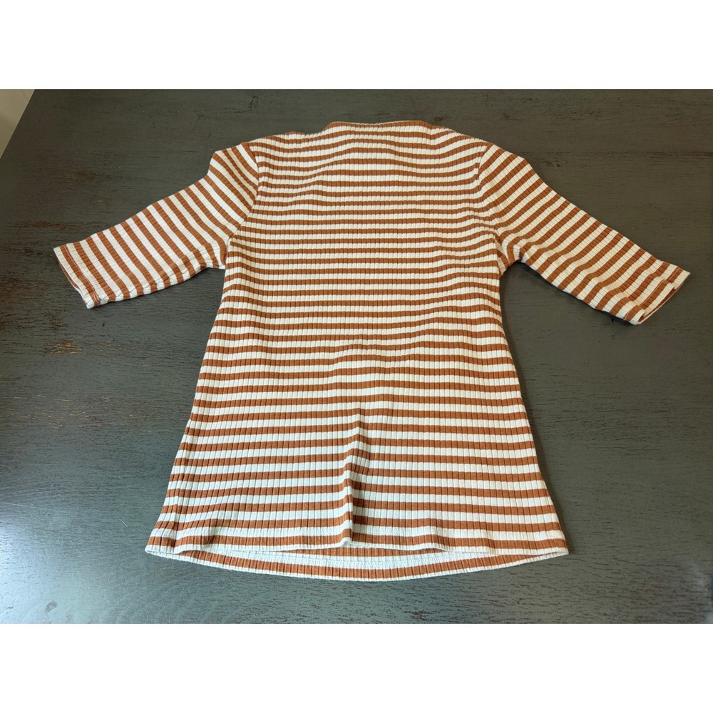 Old Navy Womens Brown White Striped Ribbed Mock Neck Elbow Sleeve Top Medium